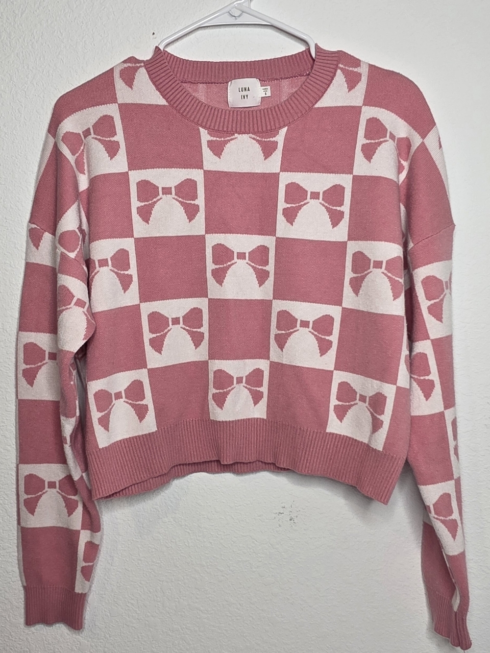 Luna Pink Bow-Check Crewneck Sweater